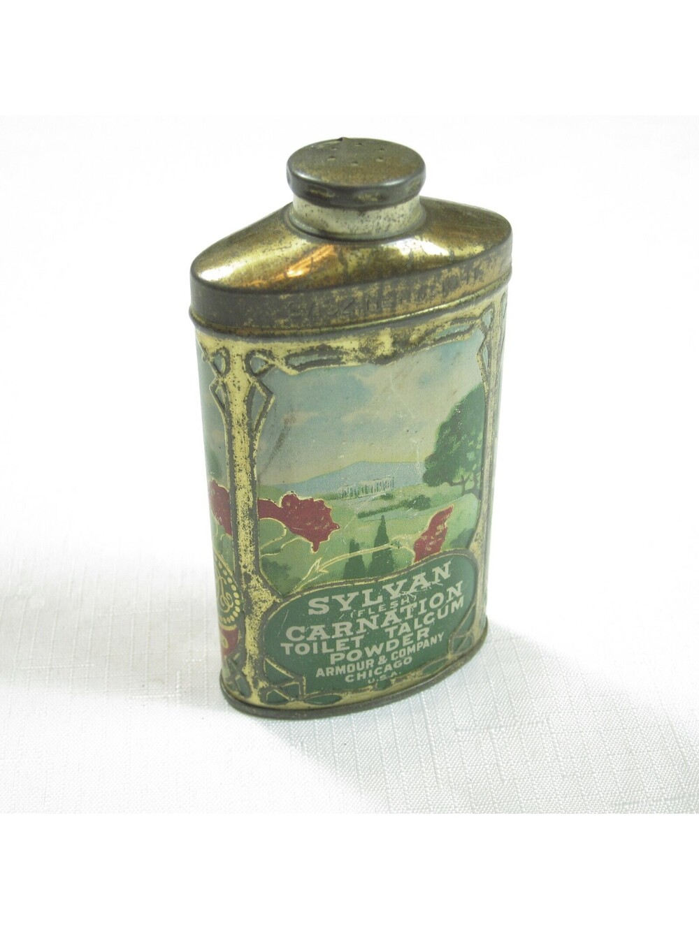Antique 1910s Sylvan Carnation Talcum Powder Tin Litho Talc Advertising Armour
